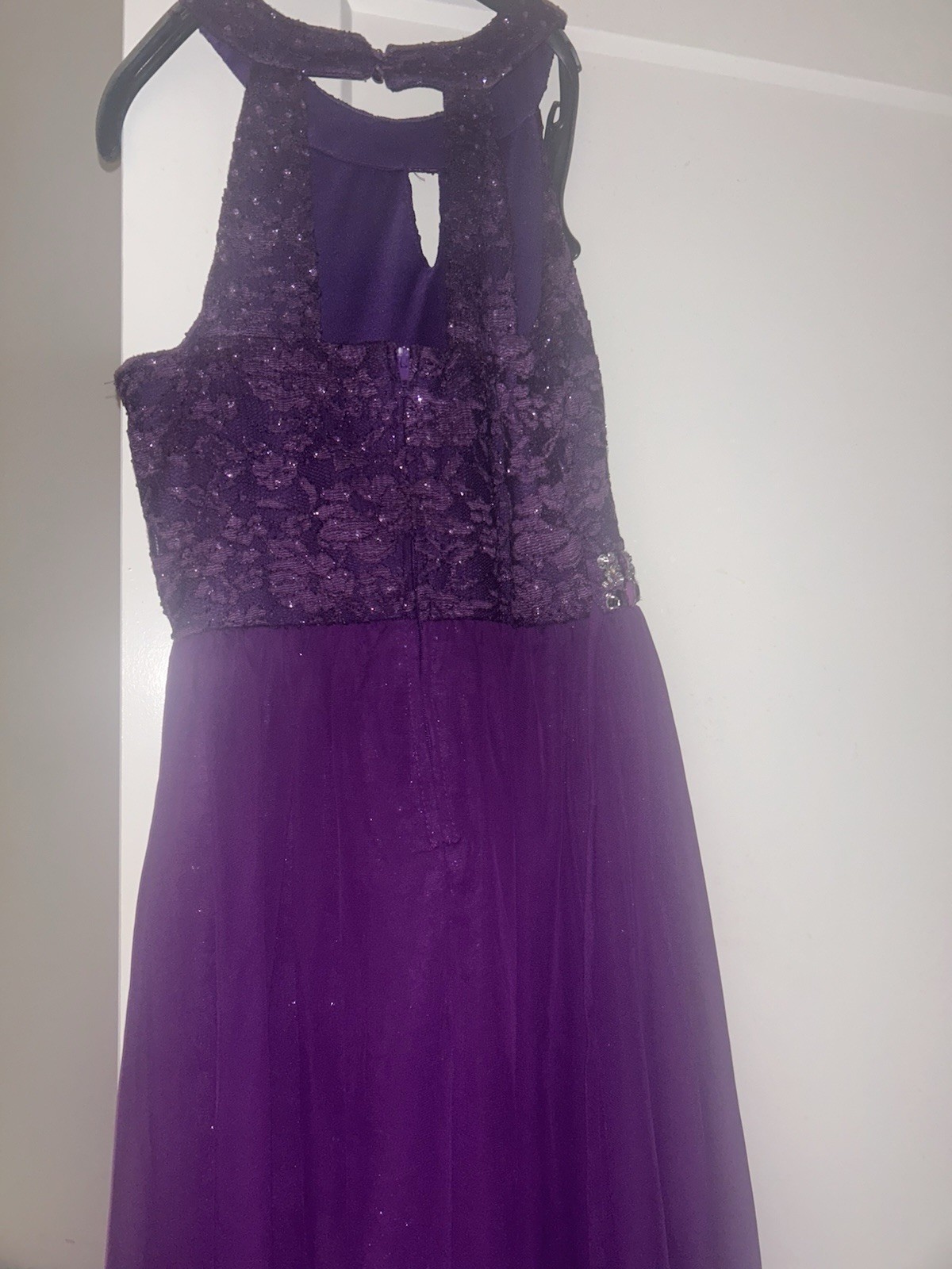 Purple Lace Gown w/ Sequin Accents High Neck Sleeveless