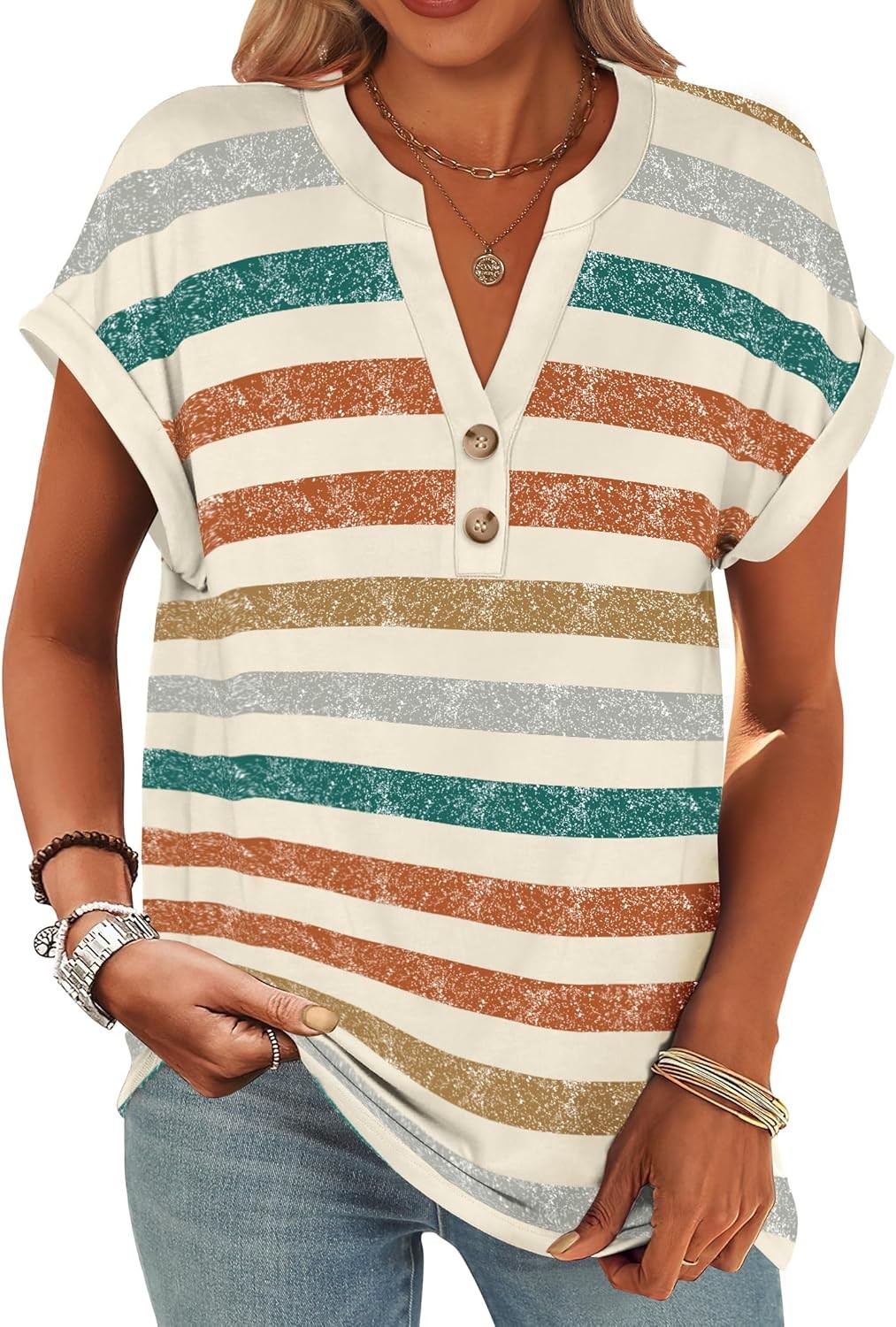 Womens Henley V Neck Short Sleeve Loose Fit Casual Summer Tunic Blouse Top