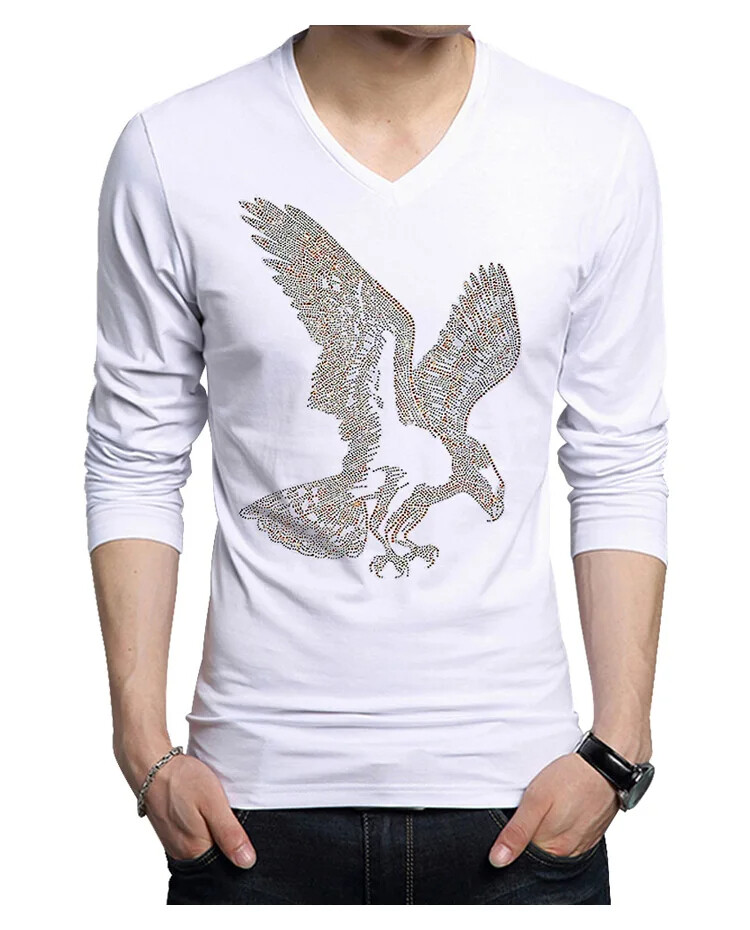 Fashion Trend Eagle Rhinestones Streetwear Long Sleeve Luxury Men V-Neck T-Shirt