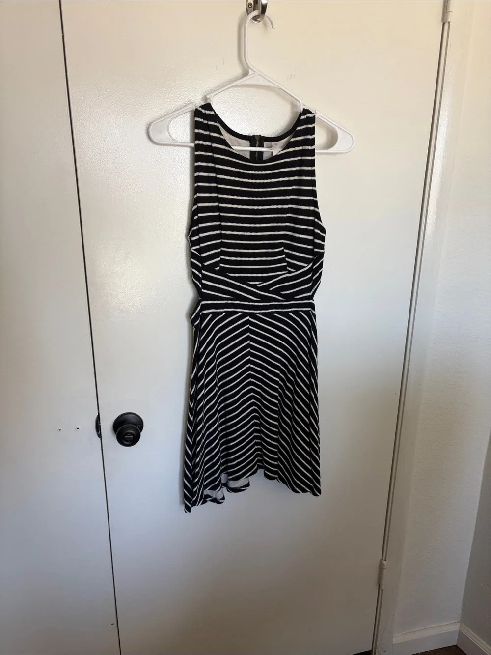 Black and White Striped Sleeveless Fit-and-Flare Dress