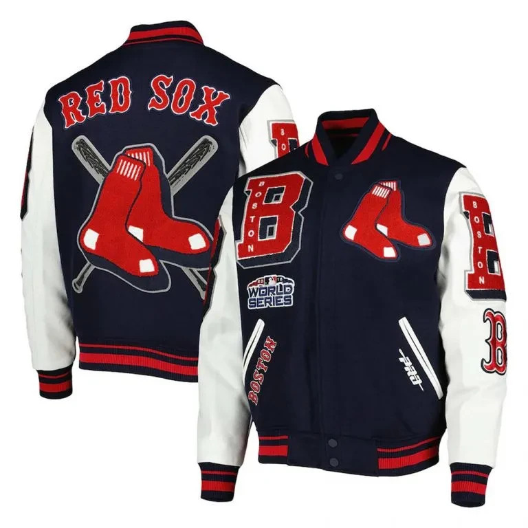 Boston Red Sox Navy Blue Wool Genuine Leather Sleeves Varsity Letterman Jacket