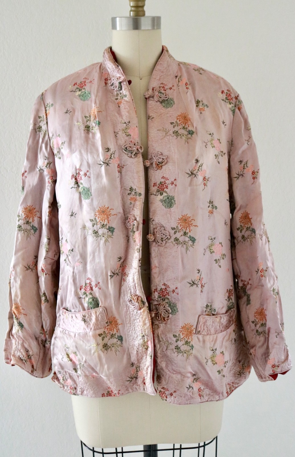 Vintage Reversible Satin Pink & Burgundy Chinoiserie Floral Chinese Jacket READ