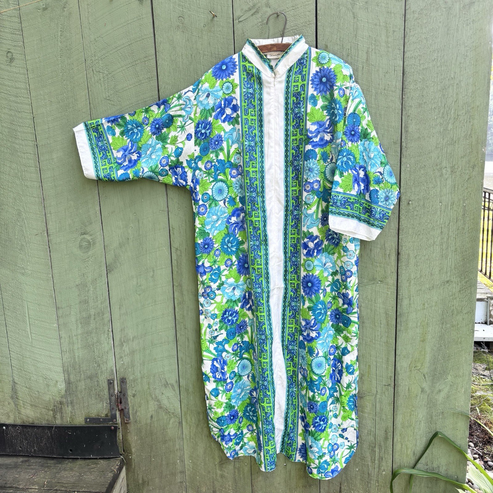 VTG Sante Maxi Caftan Robe 60s 70s Blue Grn Floral Lounge House Dress 1X Flawed