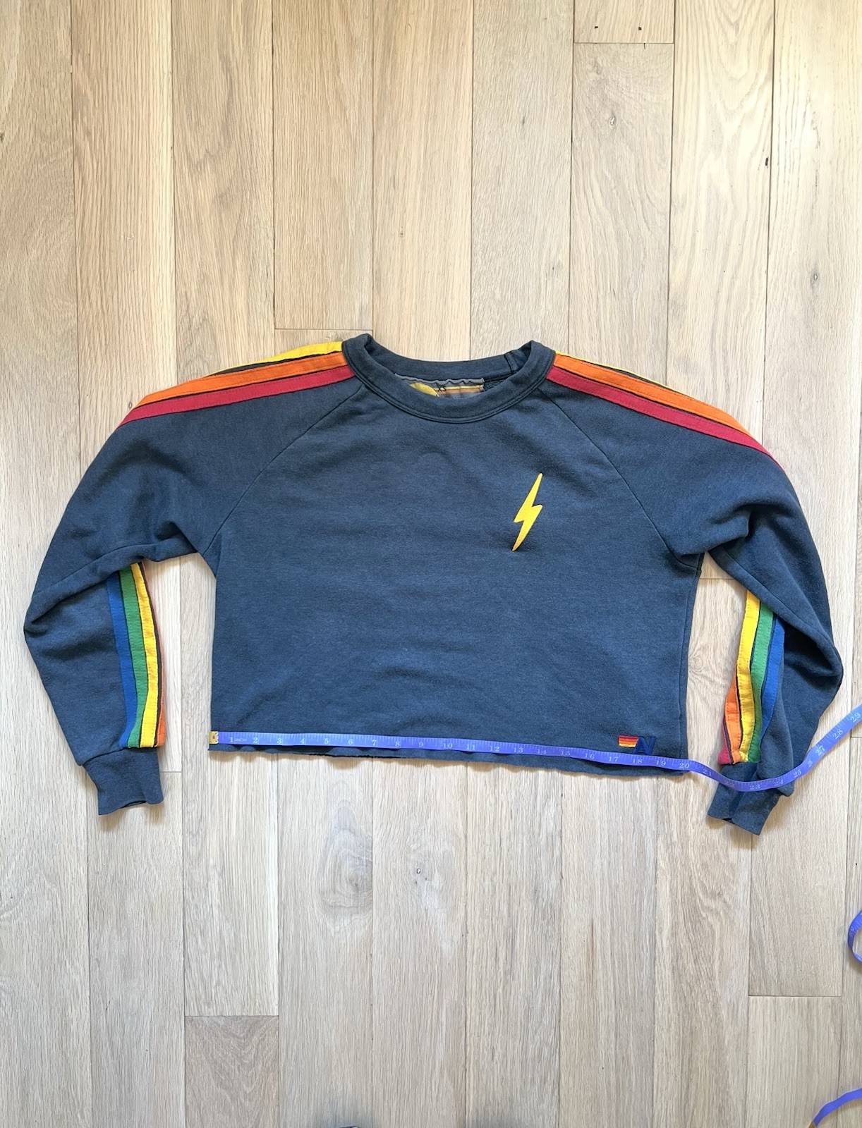 Aviator Nation 5 Stripe Pullover Cropped Crewneck Hoodie Sweatshirt XS