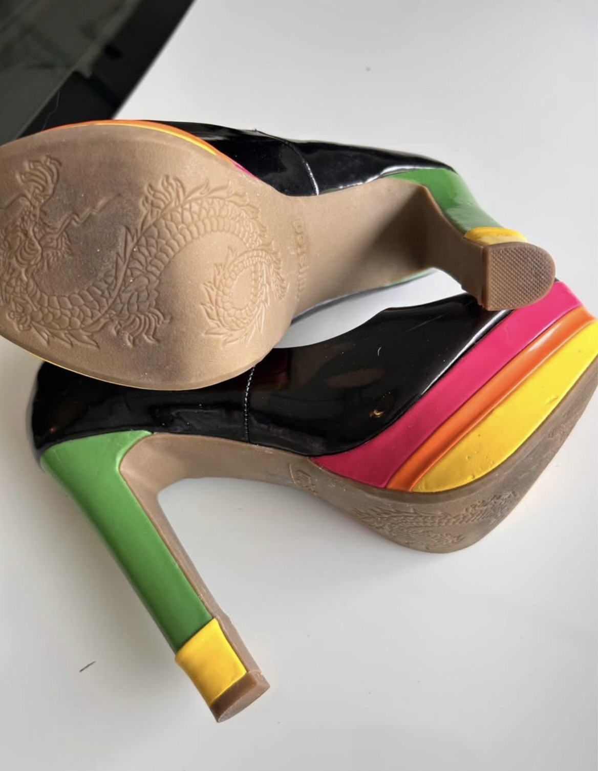 Black Patent Peep Toe Platform Heels 7.5 Pink Orange Yellow Green Sole EUC