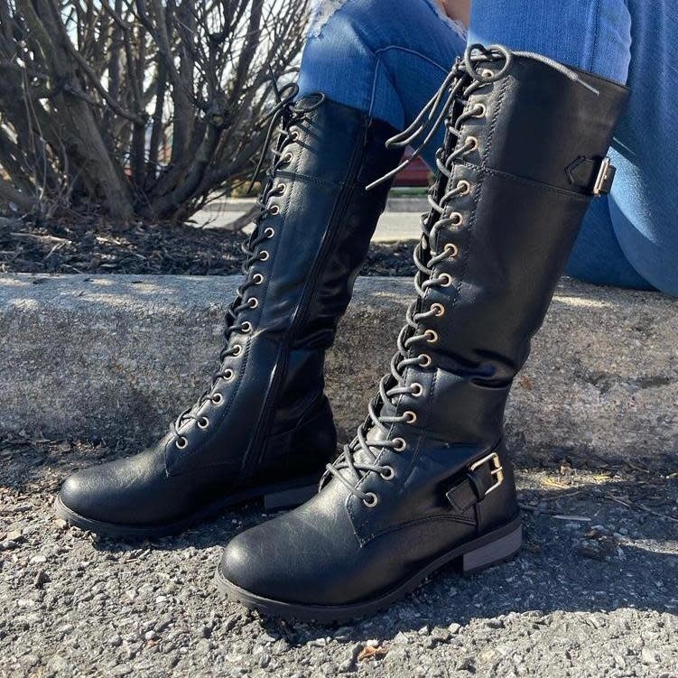 New Black/Gold Lace Up Military Combat Moto Boots Below Knee High Low Block Heel
