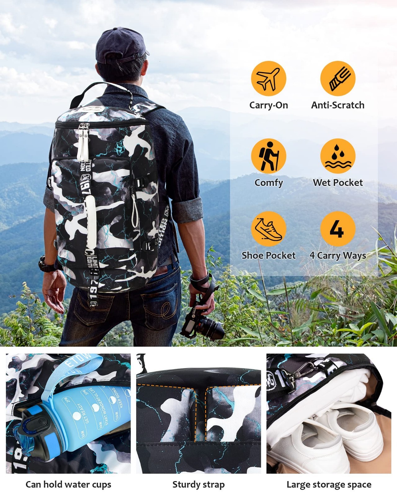 40L Water-Resistant Gym Duffle Backpack Weekender Travel Sling Bag for Men & Wom