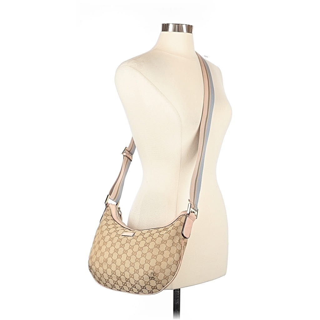 Gucci Monogram Web Medium Half Moon pastel Accents Canvas W/Leather trim.