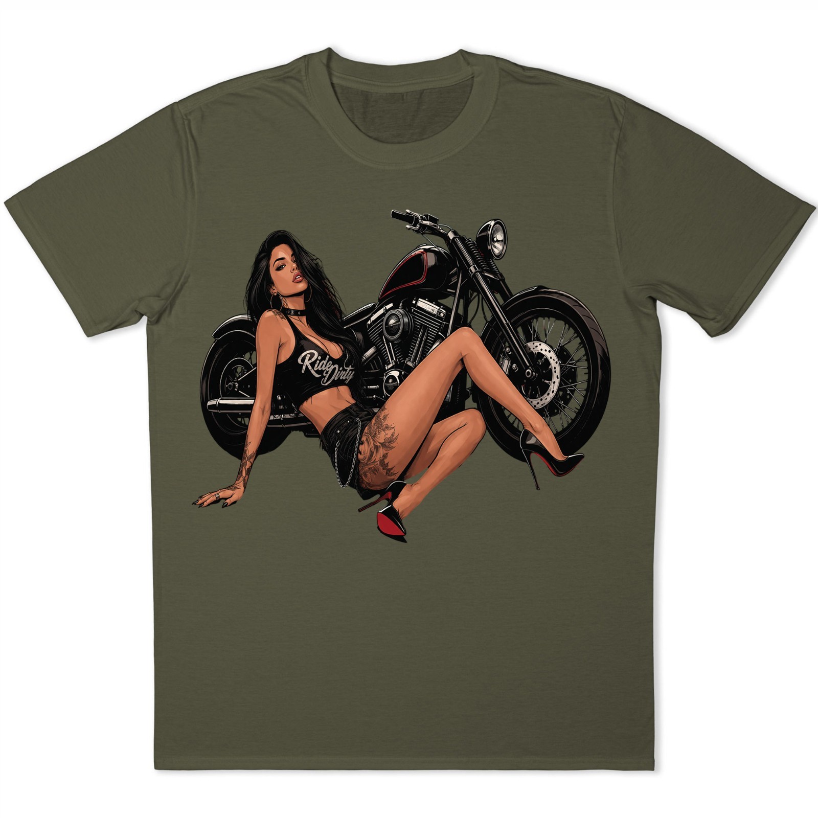Ride Dirty Pinup Girl Biker T-Shirt Motorcycle Tattoo Babe Graphic Tee .