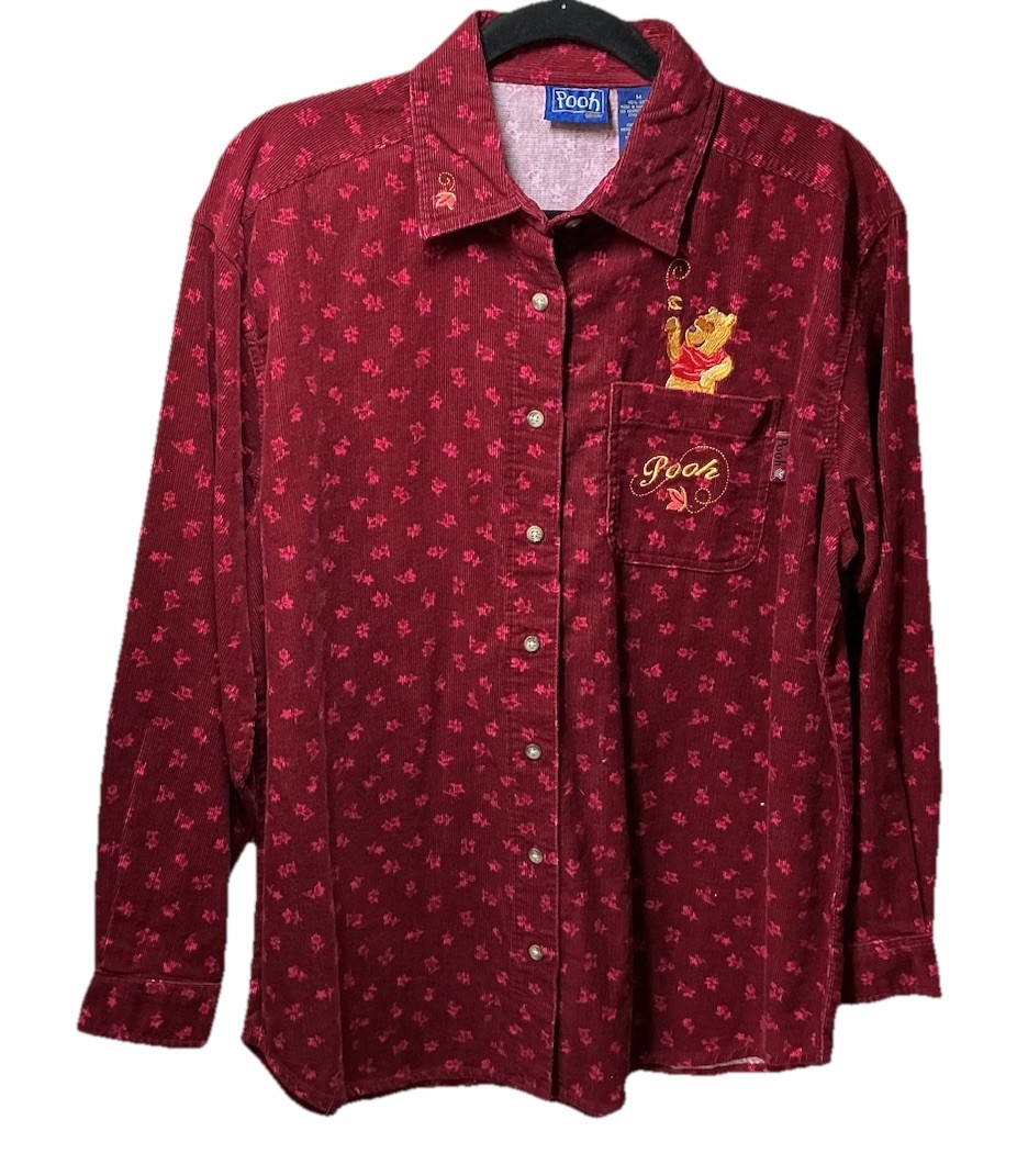 Winnie The Pooh Women’s Burgundy Corduroy Embroidered Button Shirt Medium NWT