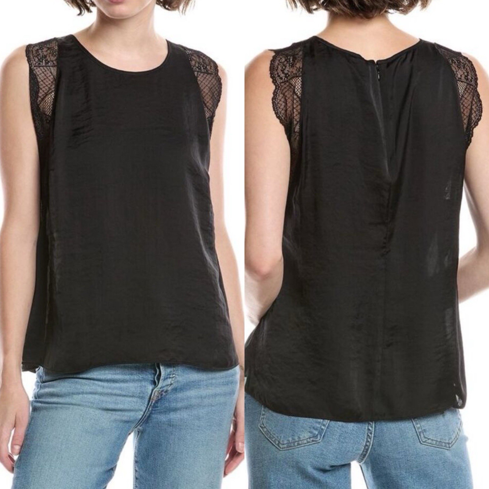 CAbi Veil Lace Trim Silky Soft Sleeveless Top Blouse Black Lightweight Sz XS