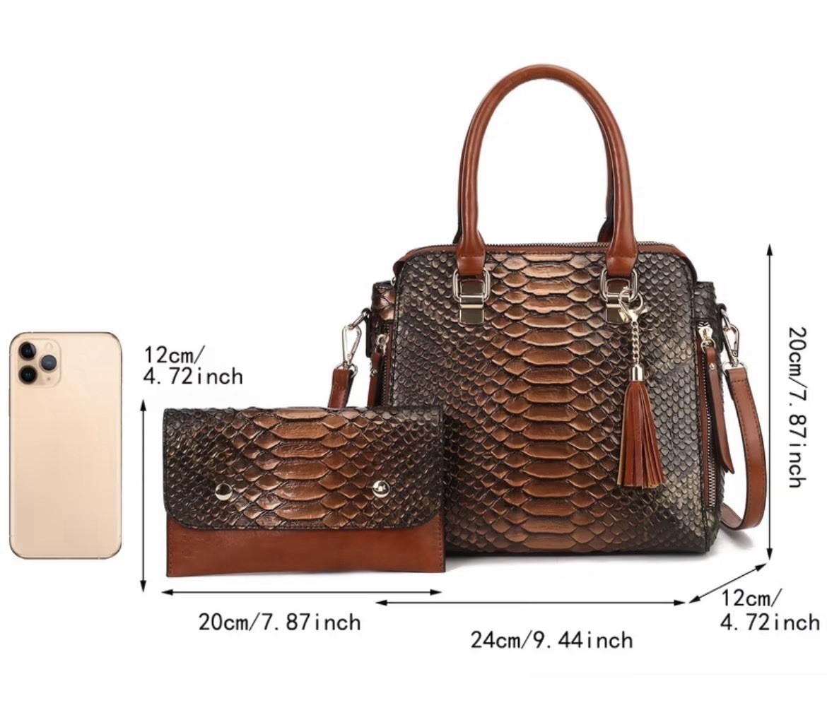 Snake Embossed Brown Satchel Top Handle Bag Zip, Tassel, Detachable Strap