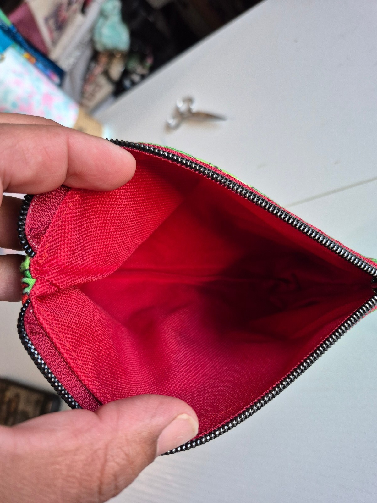 poison red apple on green cotton fabric Cosmetic Pouch, w/ red canvas lining