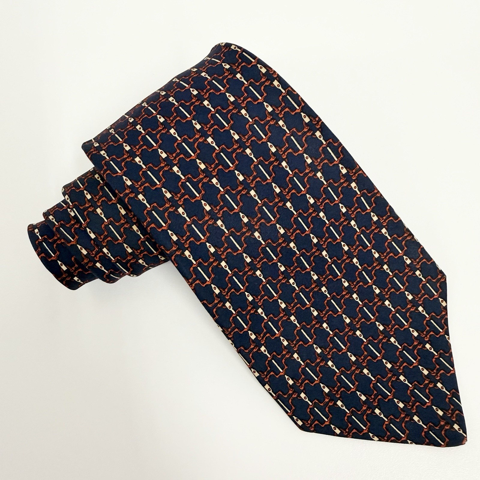 Hermes Men’s Tie Chain Links Navy/Red/Khaki Silk 703 OA 3 1/8″ (W) x 55″ (L) euc