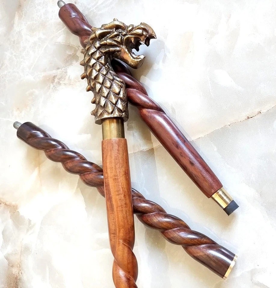Vimtage Brass Dragon Head Handle Victorian Wooden Walking Stick Cane Gift