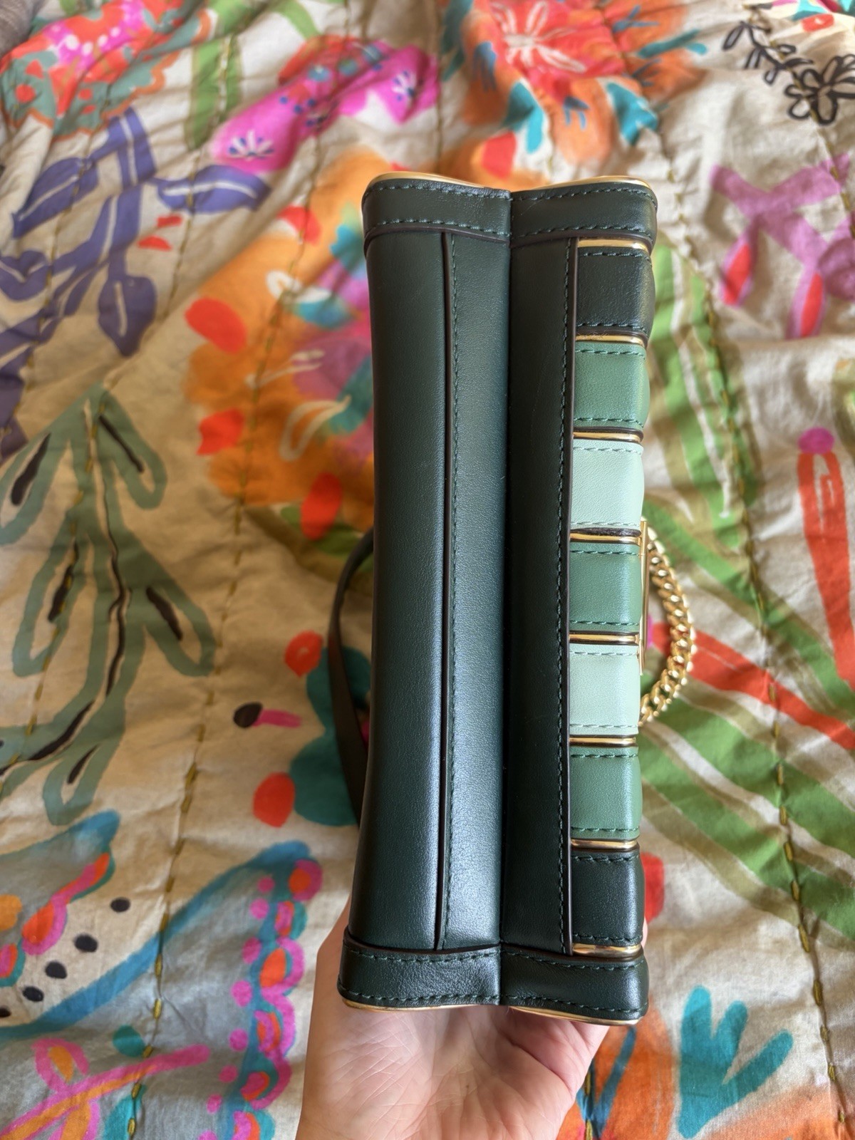 Michael Kors Small Green Striped Quilted Push Lock Shoulder Bag Gold Chain