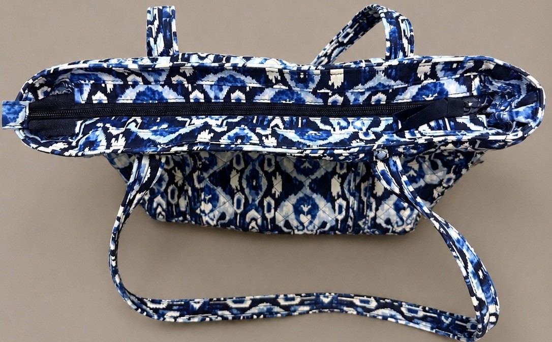 Vera Bradley White Blue Bandana cotton quilted tote, ikat, retired mid-2010s