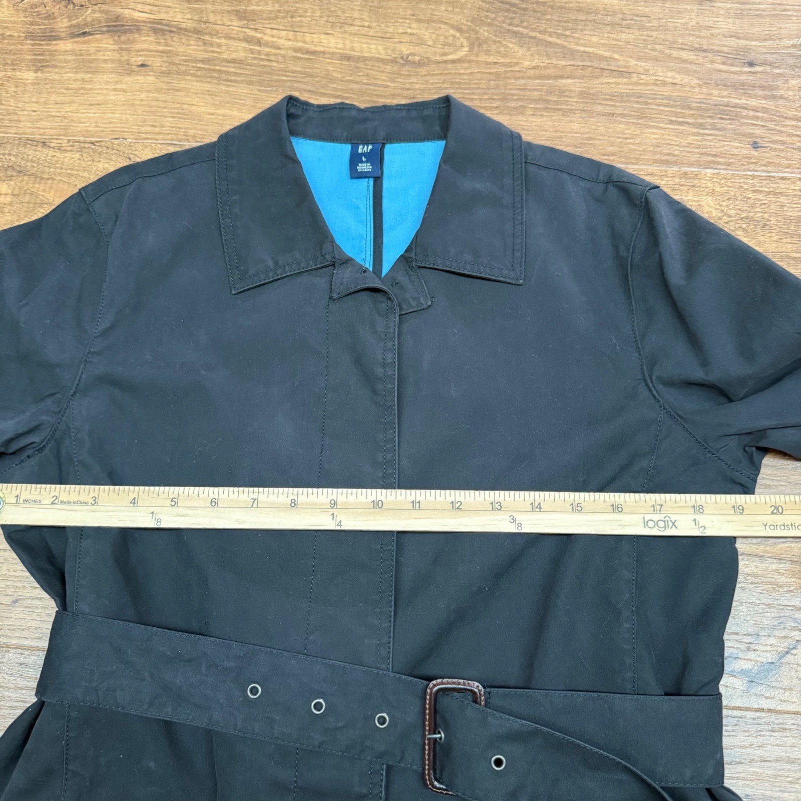 GAP Y2K Womens L Black Belted Trench Coat Midi Duster Cotton Canvas Utilitarian