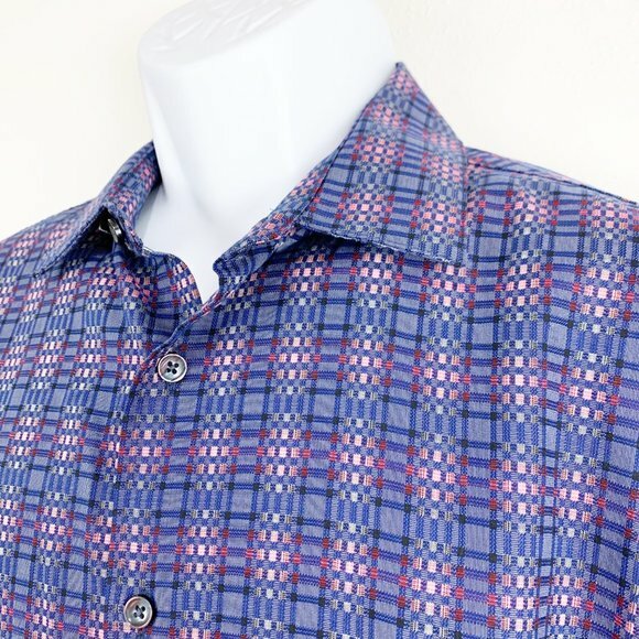 Tasso Elba Button Down Shirt Men Medium Blue Plaid Long Sleeve Cotton Casual