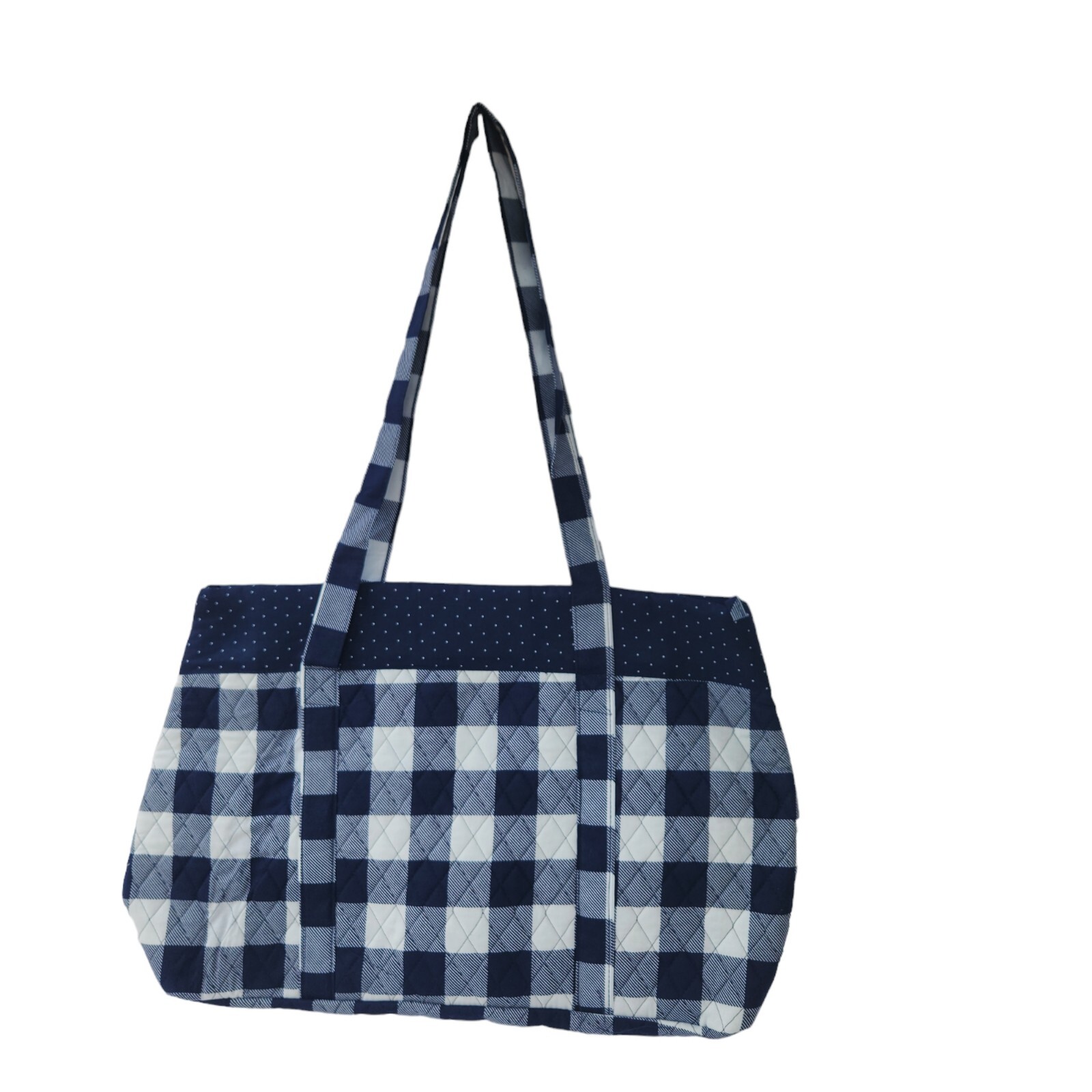 Quilted Fabric Tote Bag, Craft Bag, Sewing, Navy Gingham, 15 x 18 x 13.5 in