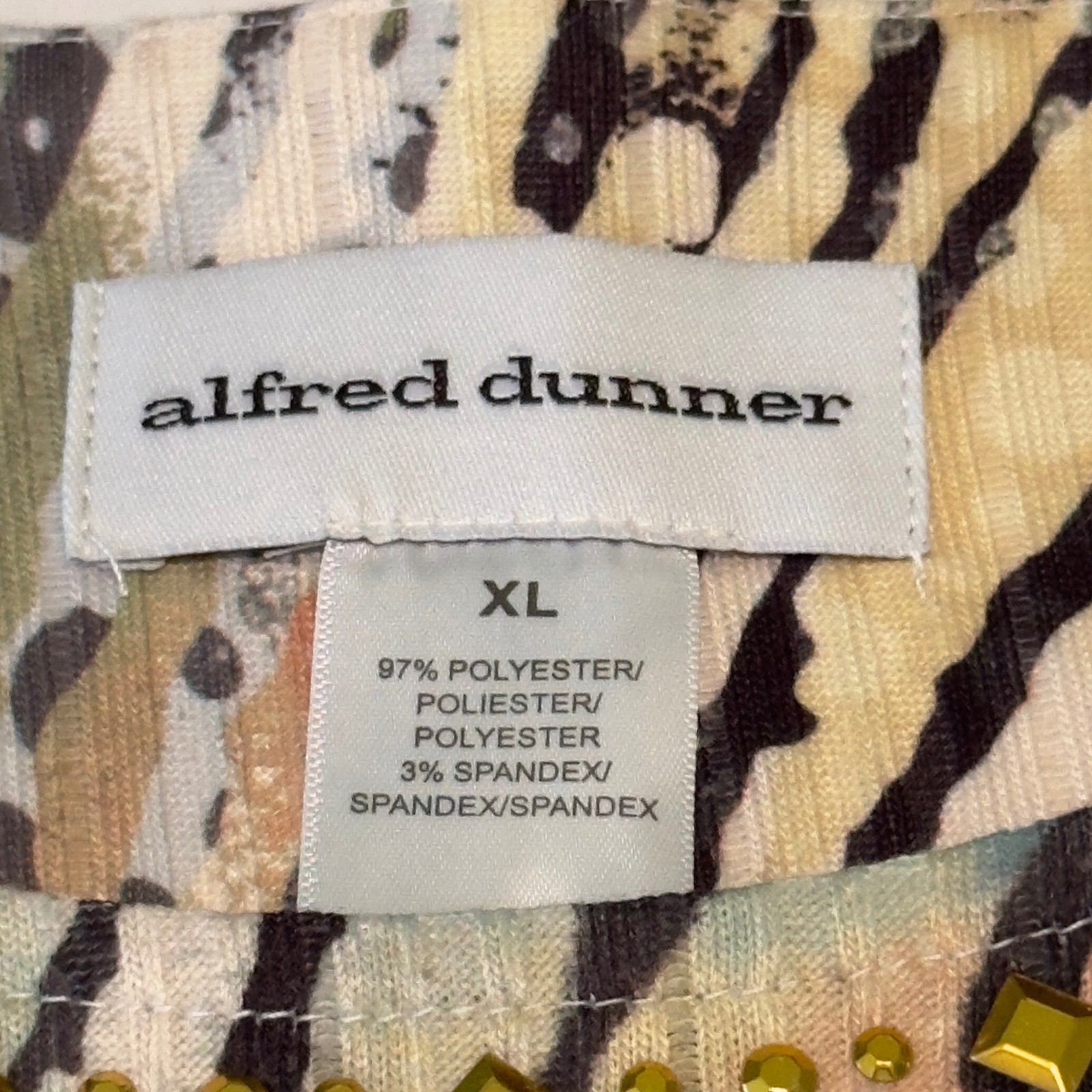 Alfred Dunner XL Abstract Animal Print Studded Neck 3/4 Sleeve Ribbed Knit Top