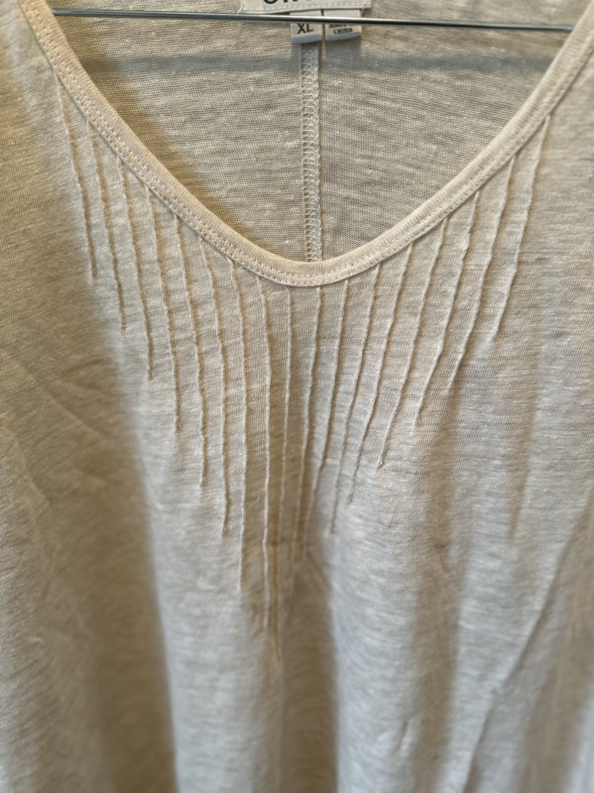 Orvis Womens Minimalist Beige Linen Pintuck Short Sleeve Top XL Granola Coastal