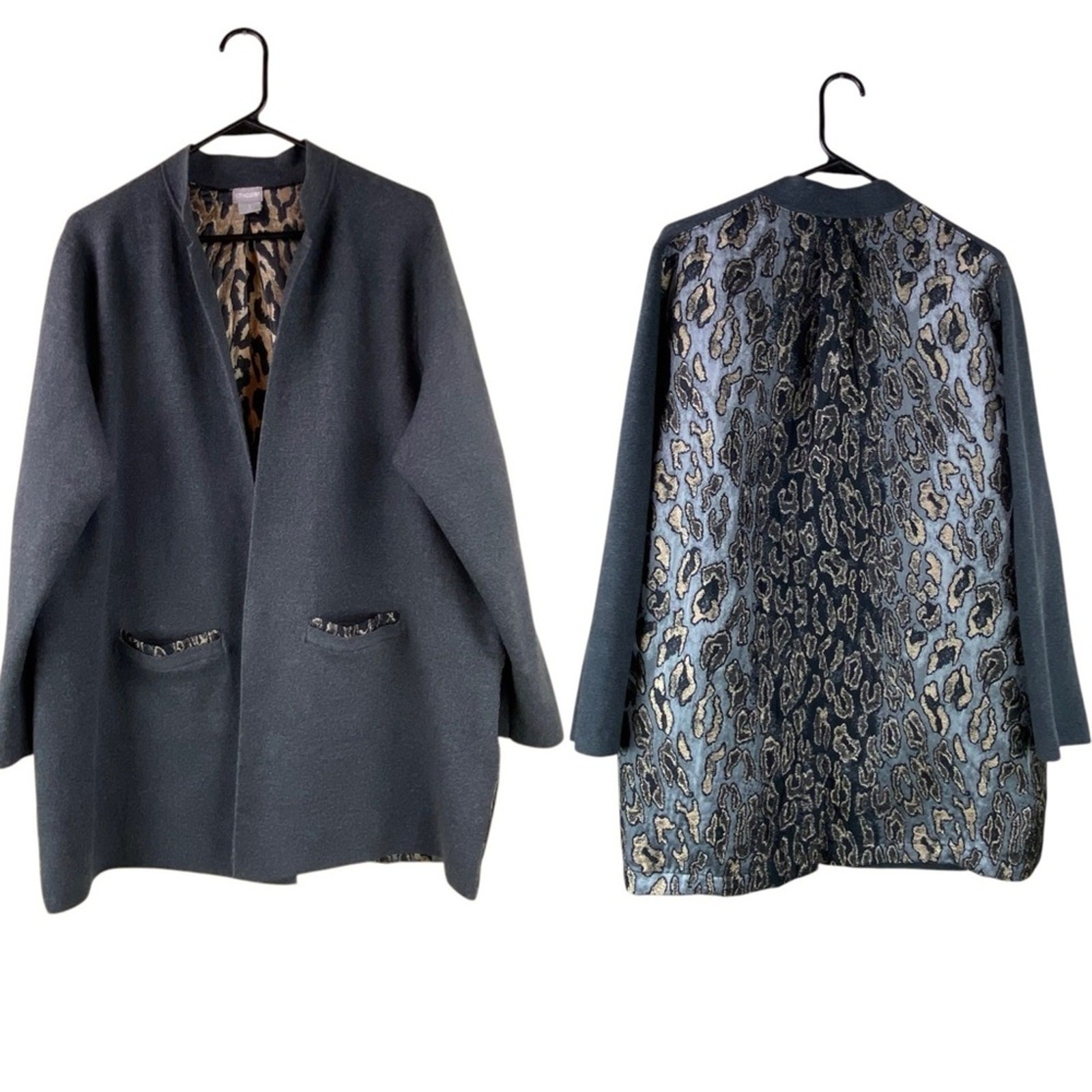 Chico’s Open Front Cardigan Sweater Size 16/XL Gray Front Metallic Leopard Back