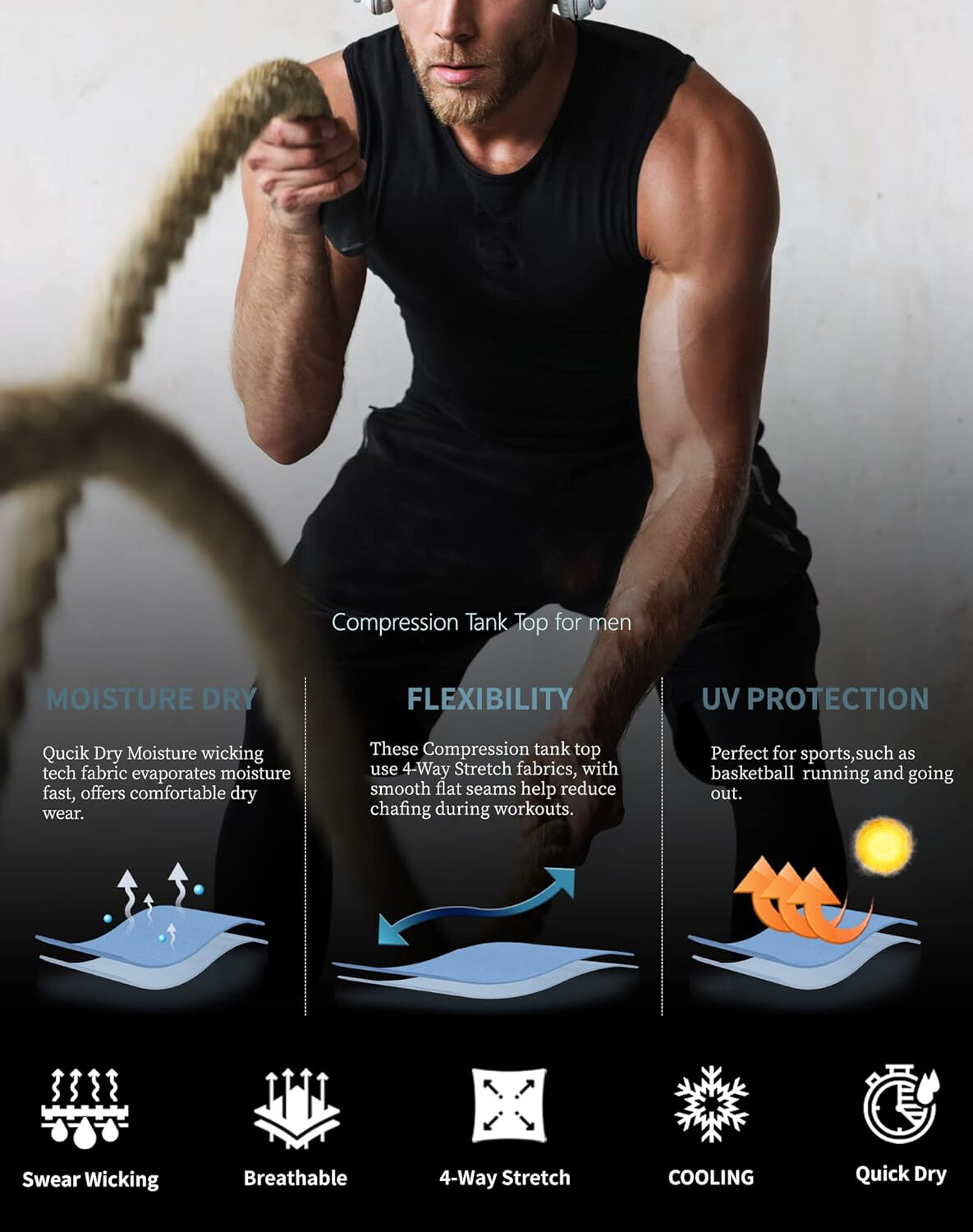 Mens Athletic Compression Shirts Workout Tank Top Base Layer Running Basketball
