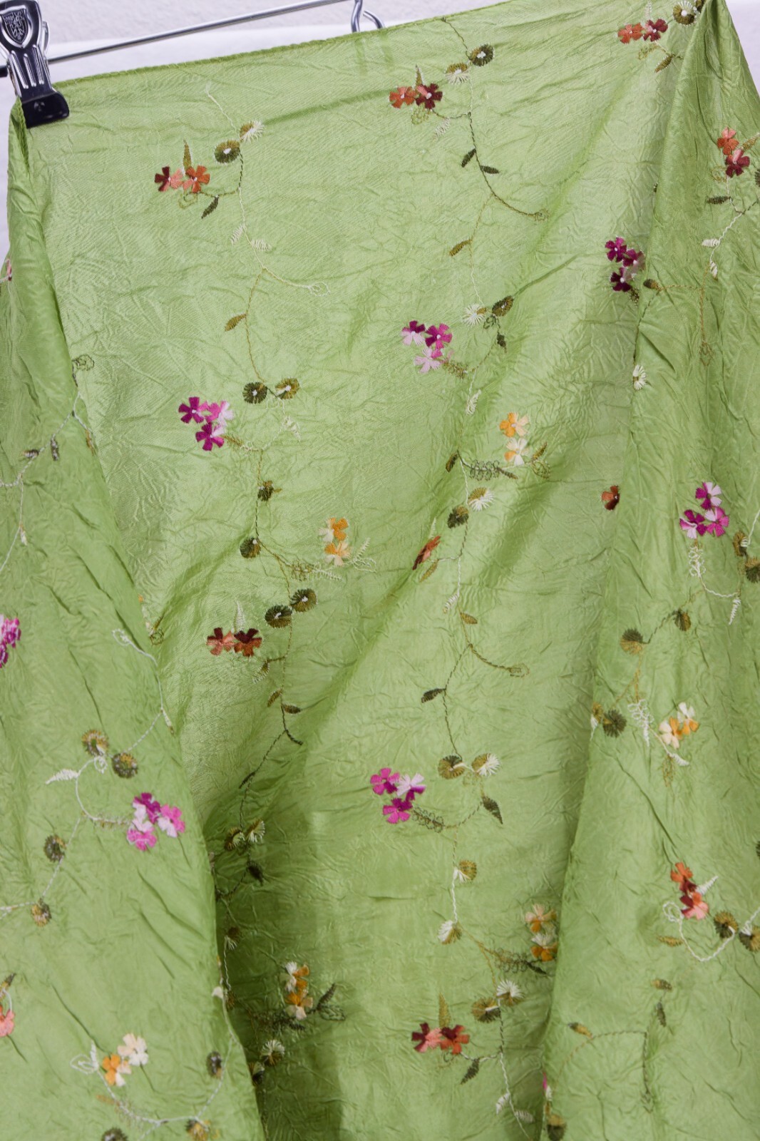 Crushed Shimmer Silk-Poly Blend Green Embroidered Floral Wrap Scarf, 25in x 64in