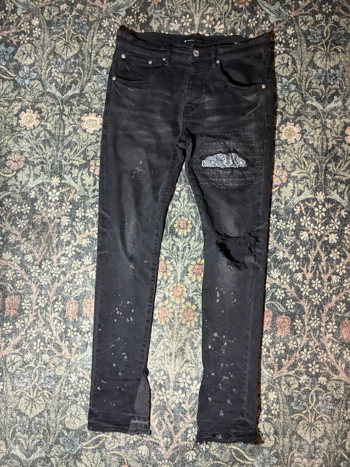 Purple Brand Men’s Black Dark Wash Distressed Skinny Stretch Denim Jeans Logo