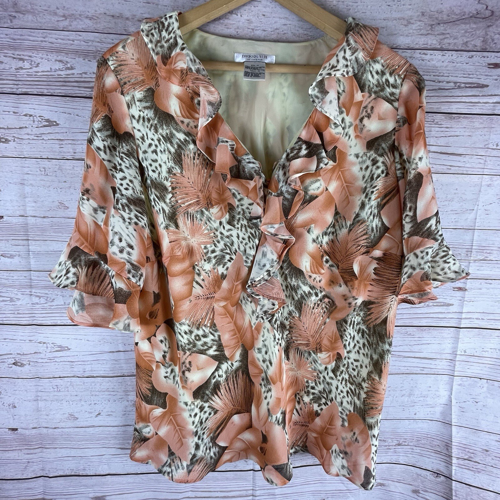 DRESS-U by Sharon. Ruffled Floral Blouse Pullover Size 1X Lined Chiffon Vtg