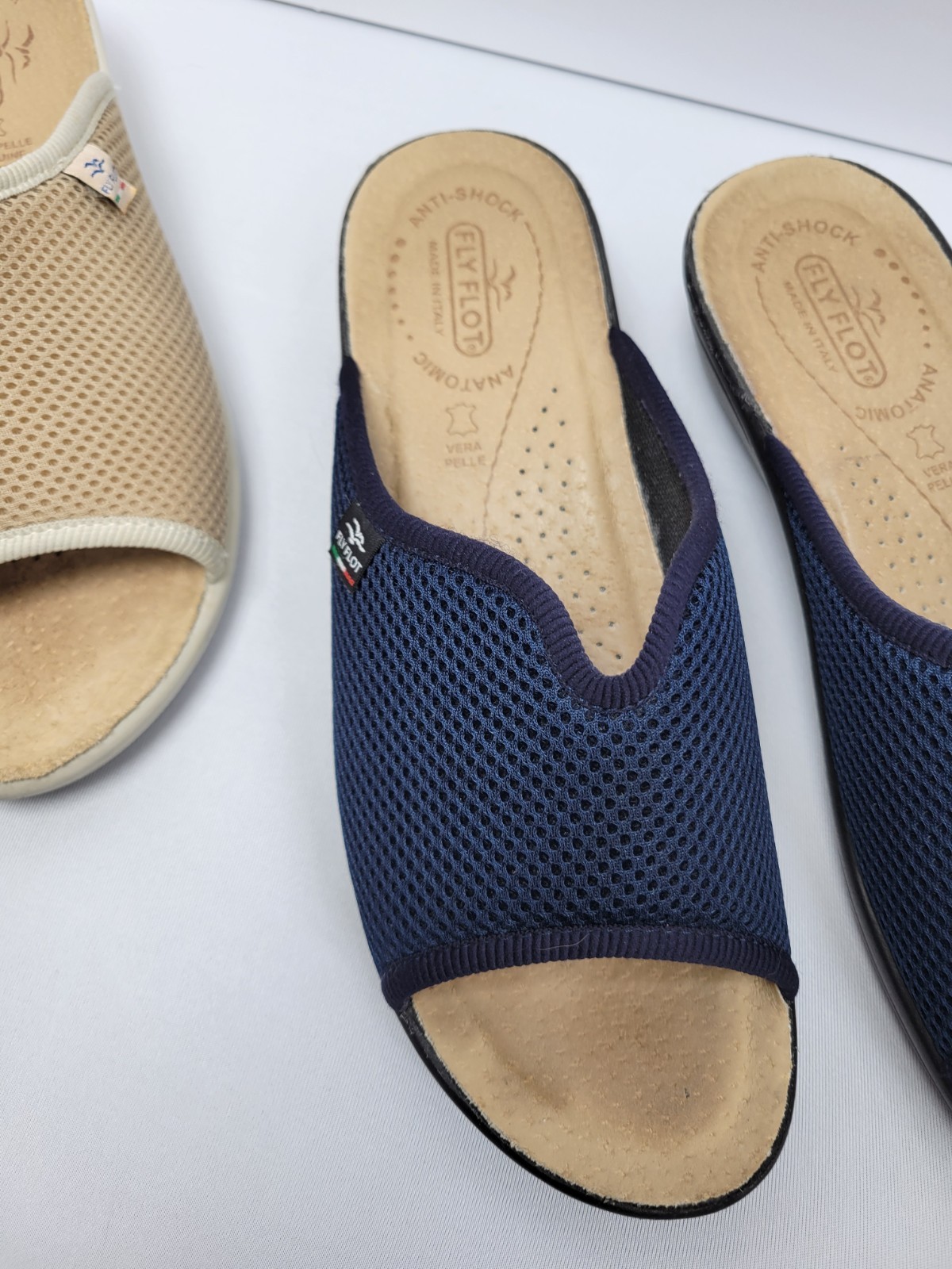 Fly Flot Two Pairs Beige & Navy Italian Leather Slide Sandals Size US 8
