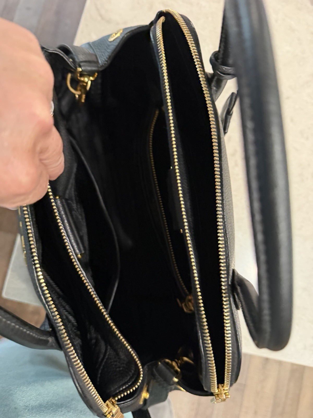 PRADA Black Large Top Handle Bag Double Handles Zip Gold Hardware Logo Charm