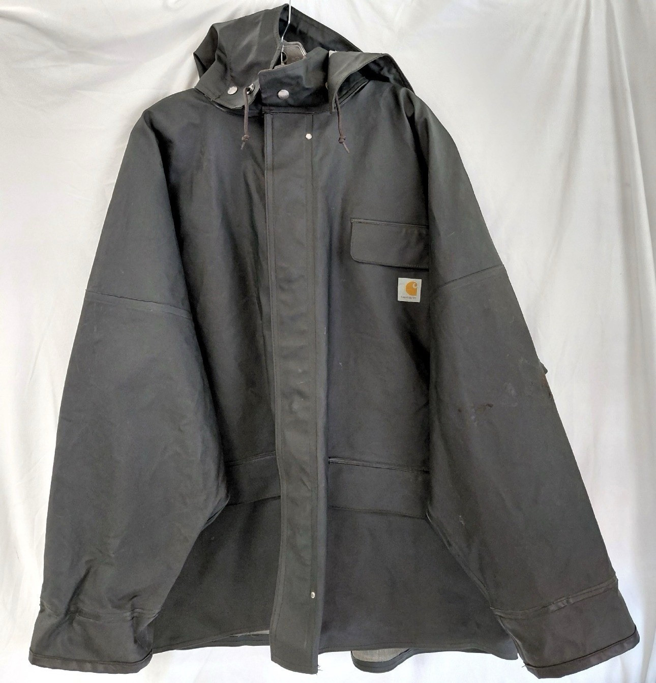 Carhartt Men’s 2XL Black Hooded Snap Rain Coat Jacket Polyester Logo Solid
