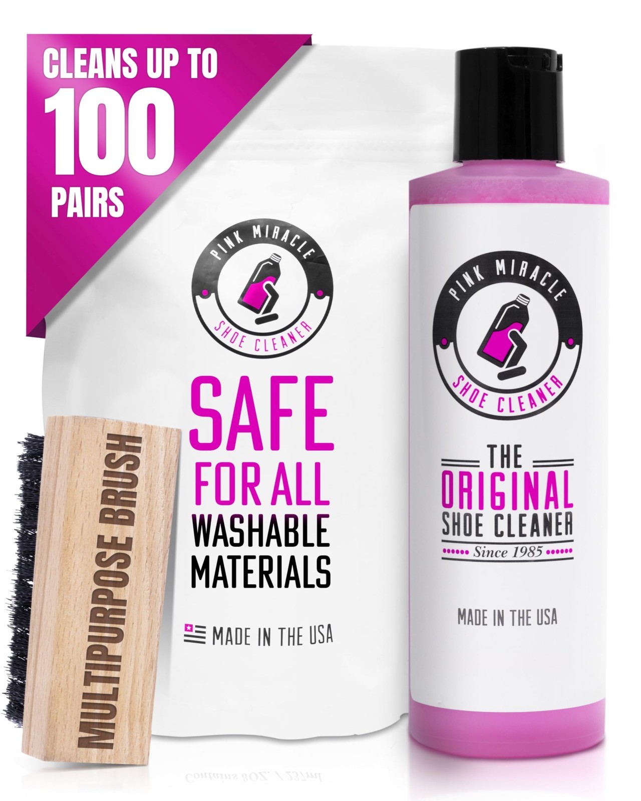 Ultimate Pink Shoe Cleaner Kit – Brush & Bottle for Fabric, Leather, Suede, Nubu