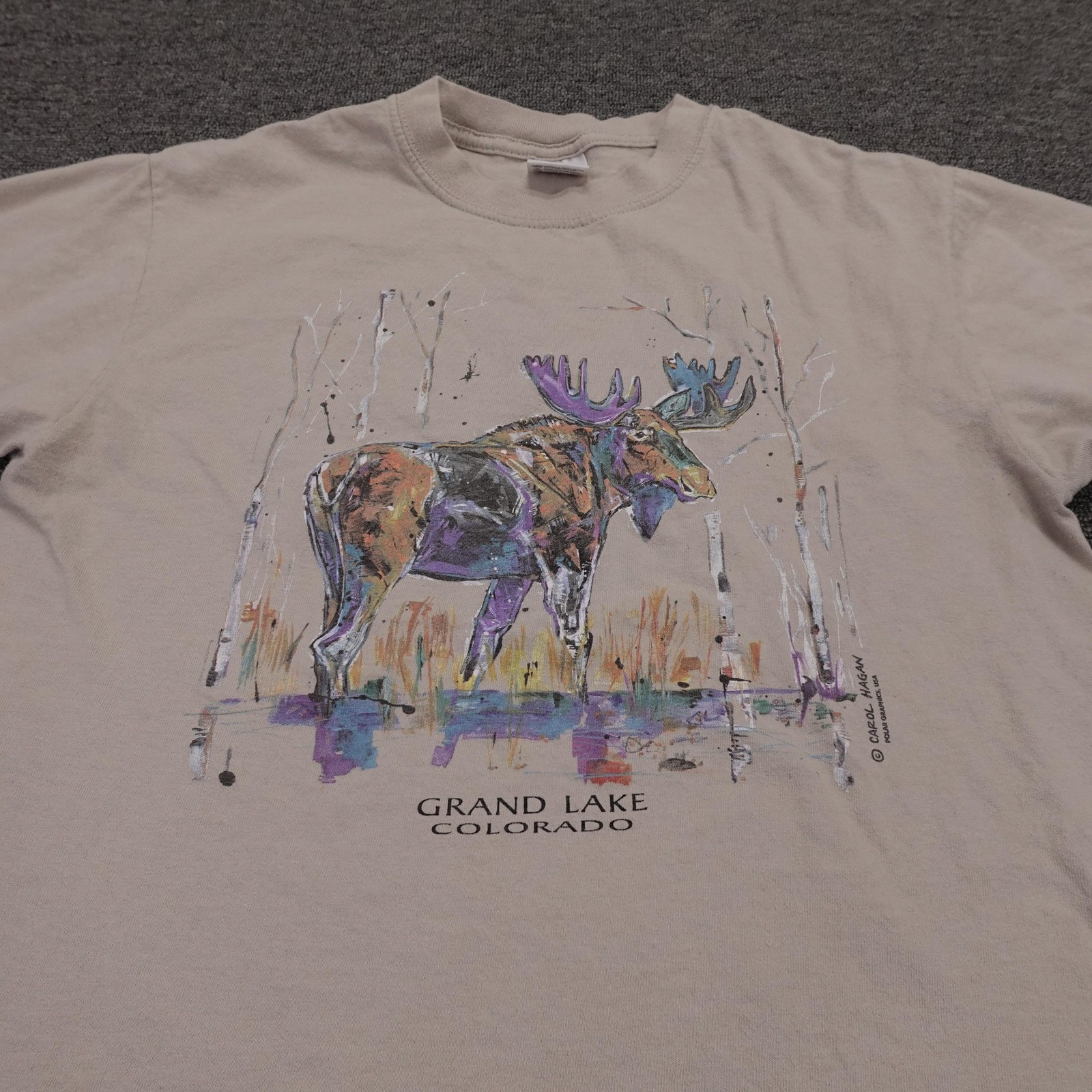 Vintage Grand Lake Colorado Moose Shirt Mens Medium Beige Anvil Graphic Tee 90s