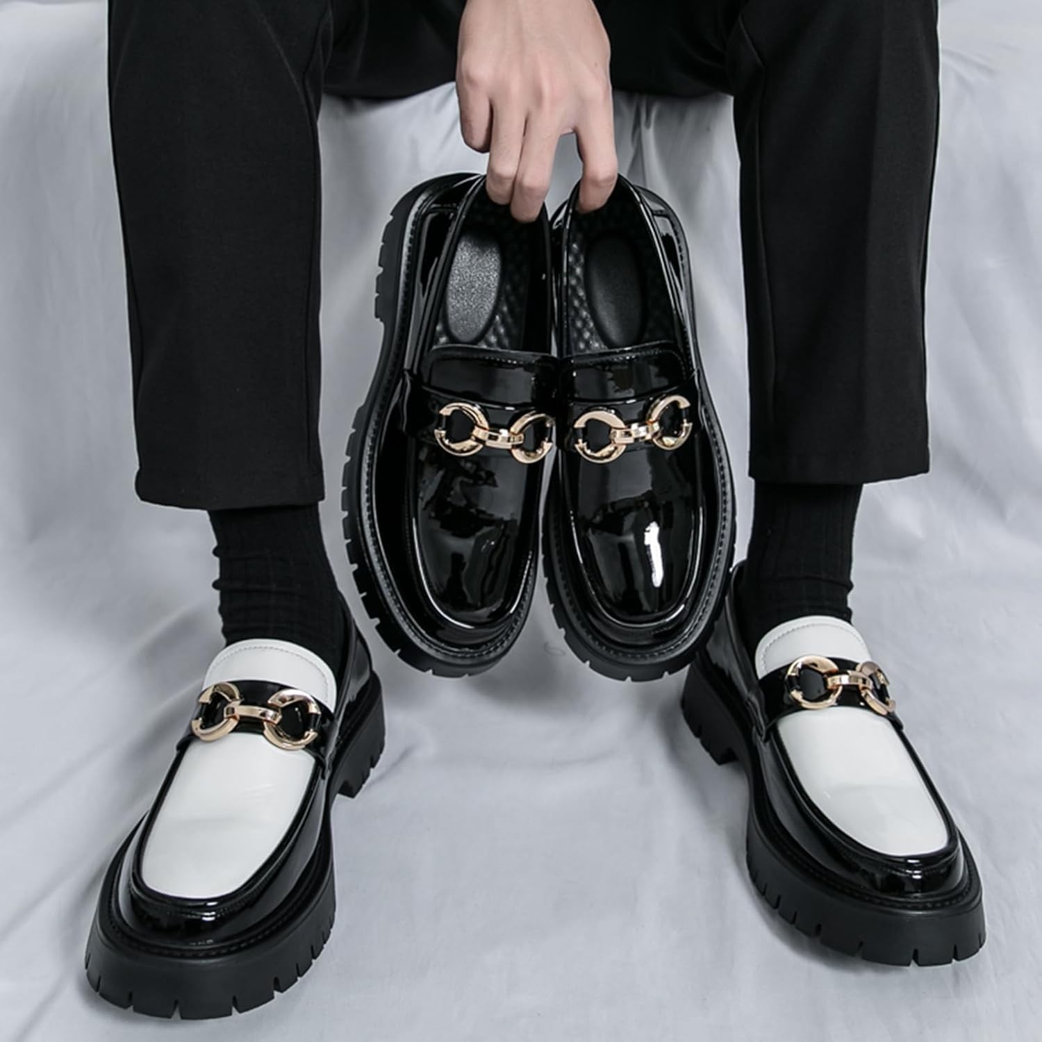 Men’s Black White Two-Tone Penny Loafers Slip-On Lug Sole #R022