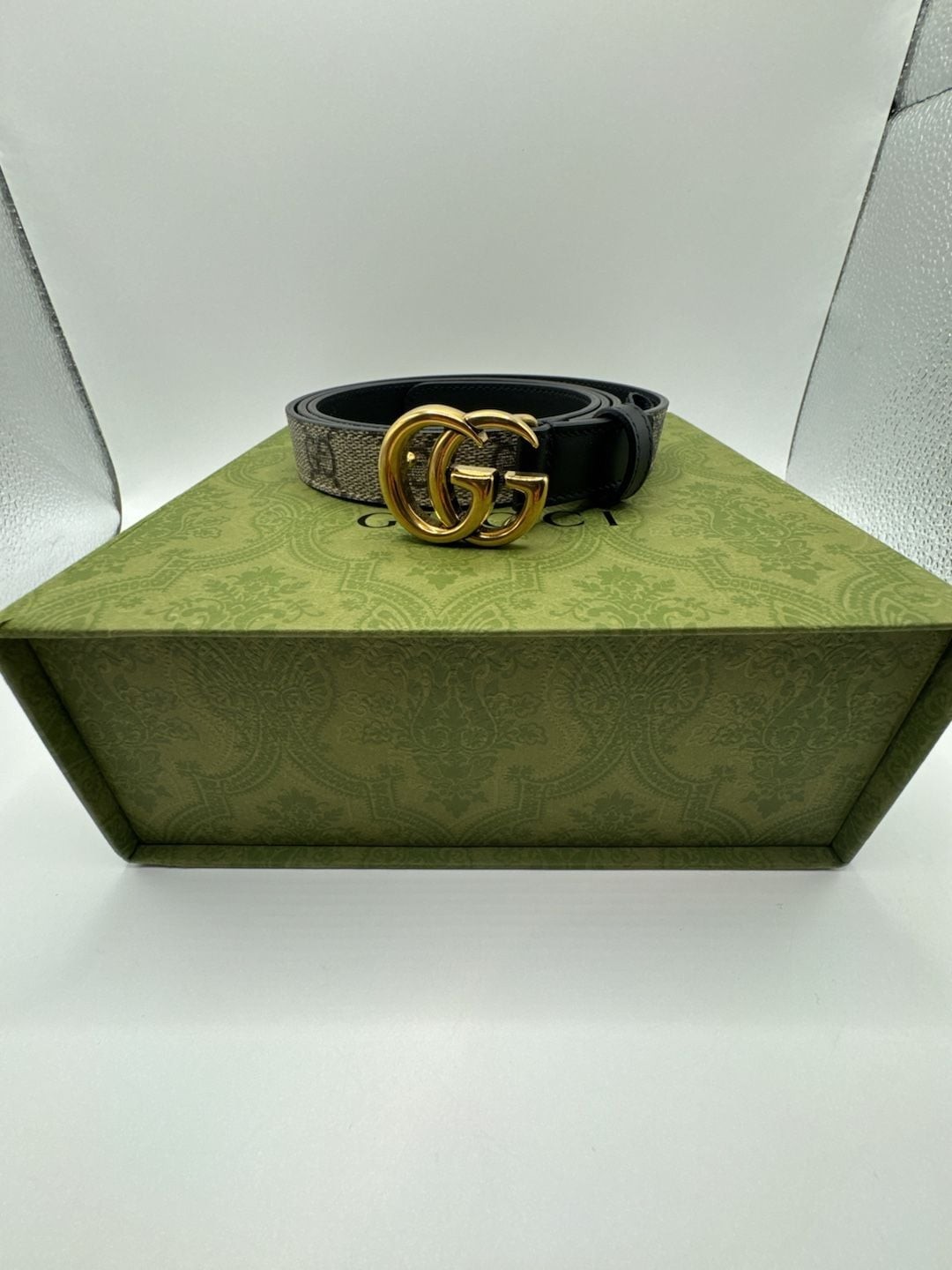 Authentic Gucci GG Marmont Thin Belt GG Supreme Monogram Canvas Black Leather 11