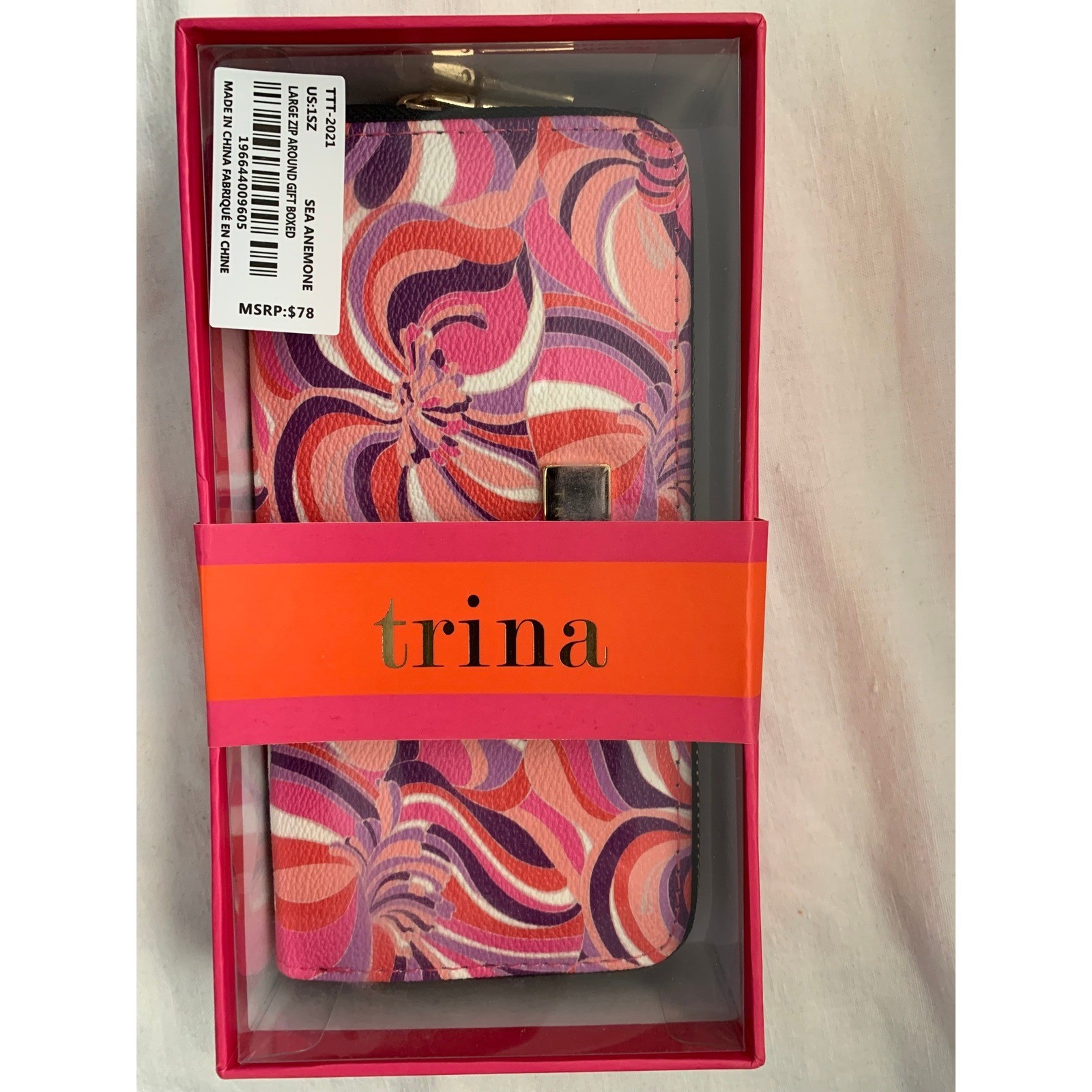 Trina Turk Sea Anemone Large Zip Around Wallet Pink Purple Vegan Leather #621