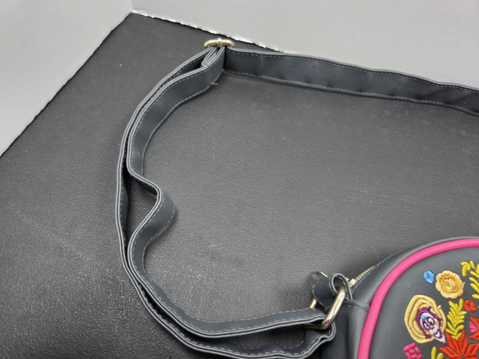 Disney Store Round Coco Embroidered Crossbody Bag Gray Pink Sugar Skull EUC