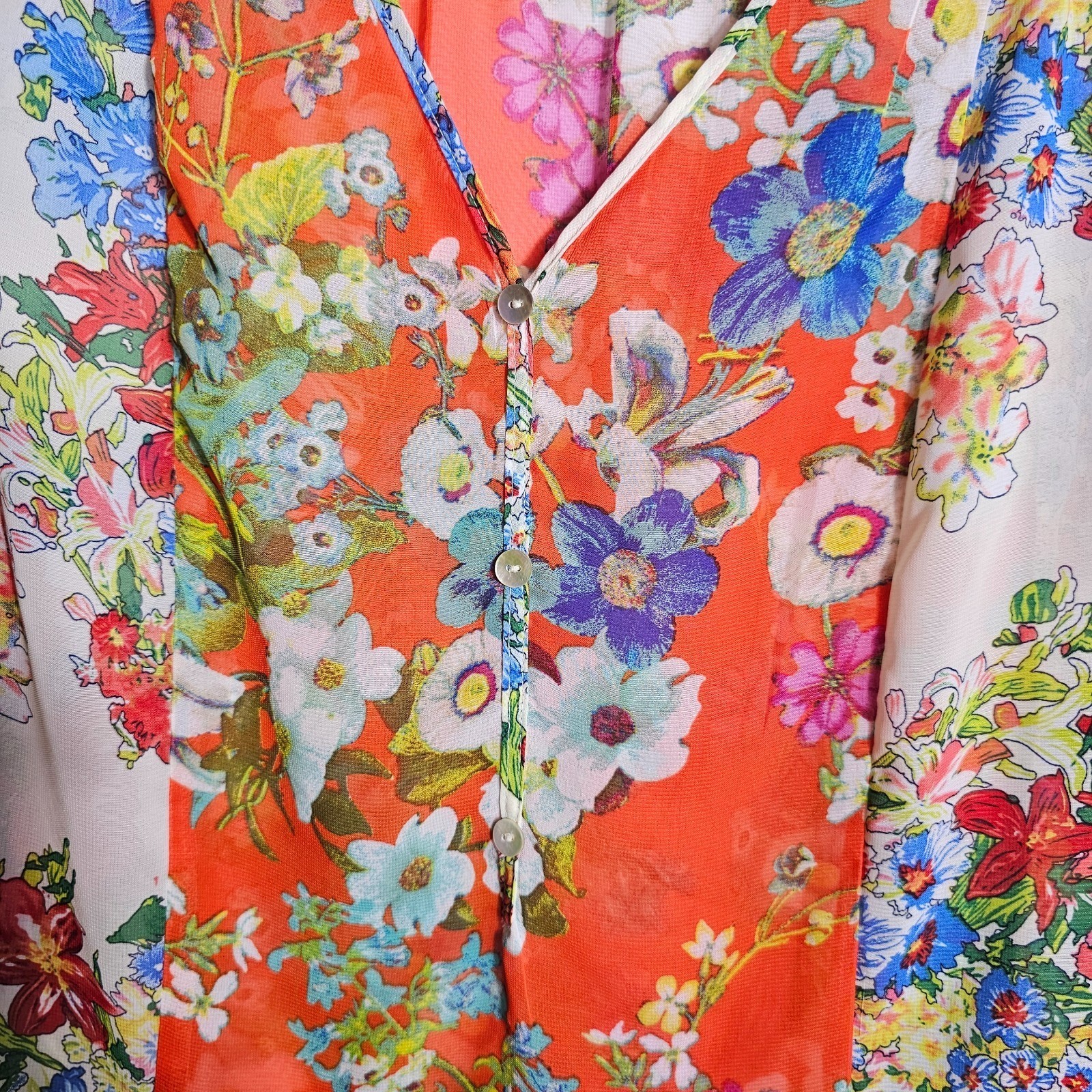 Fig & Flower V-Neck Floral Blouse Top Women Sz L 3/4 Sleeve Pleated