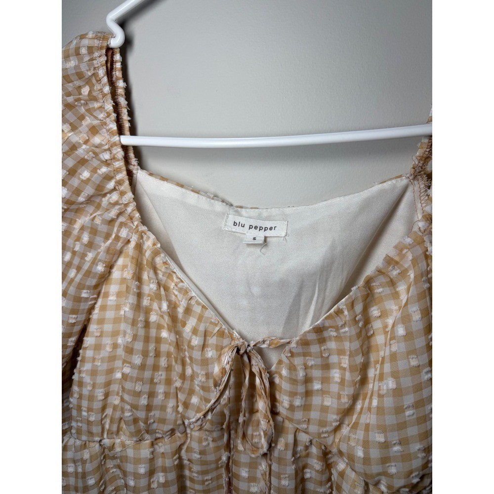 Blu Pepper Tan Gingham Swiss Dot Peplum Blouse Long Sleeve Sweetheart Neck Small