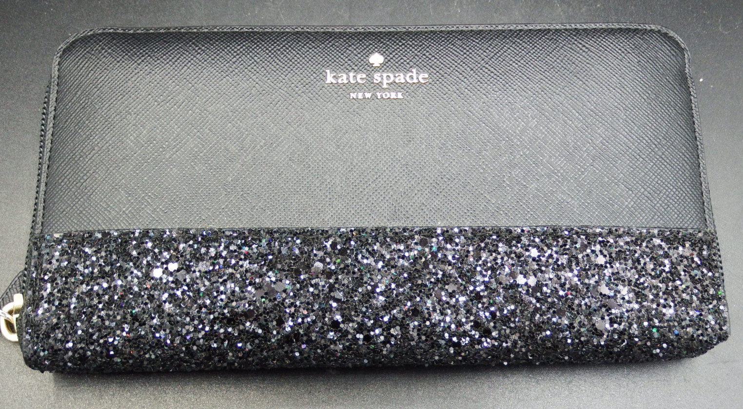 NEW Kate Spade Greta Court Glitter Neda Zip Around Continental Wallet Black