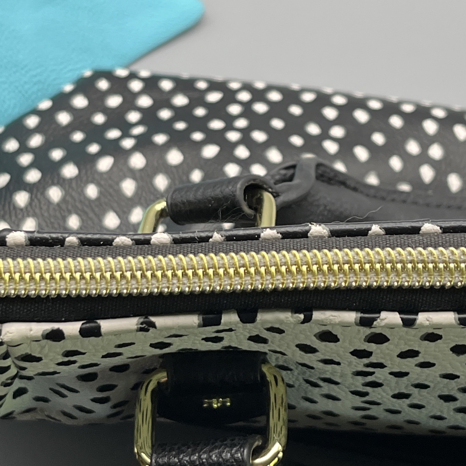 Betsey Johnson Polka Dot Shoulder Bag Purse Black & White Turquoise Bow Charm