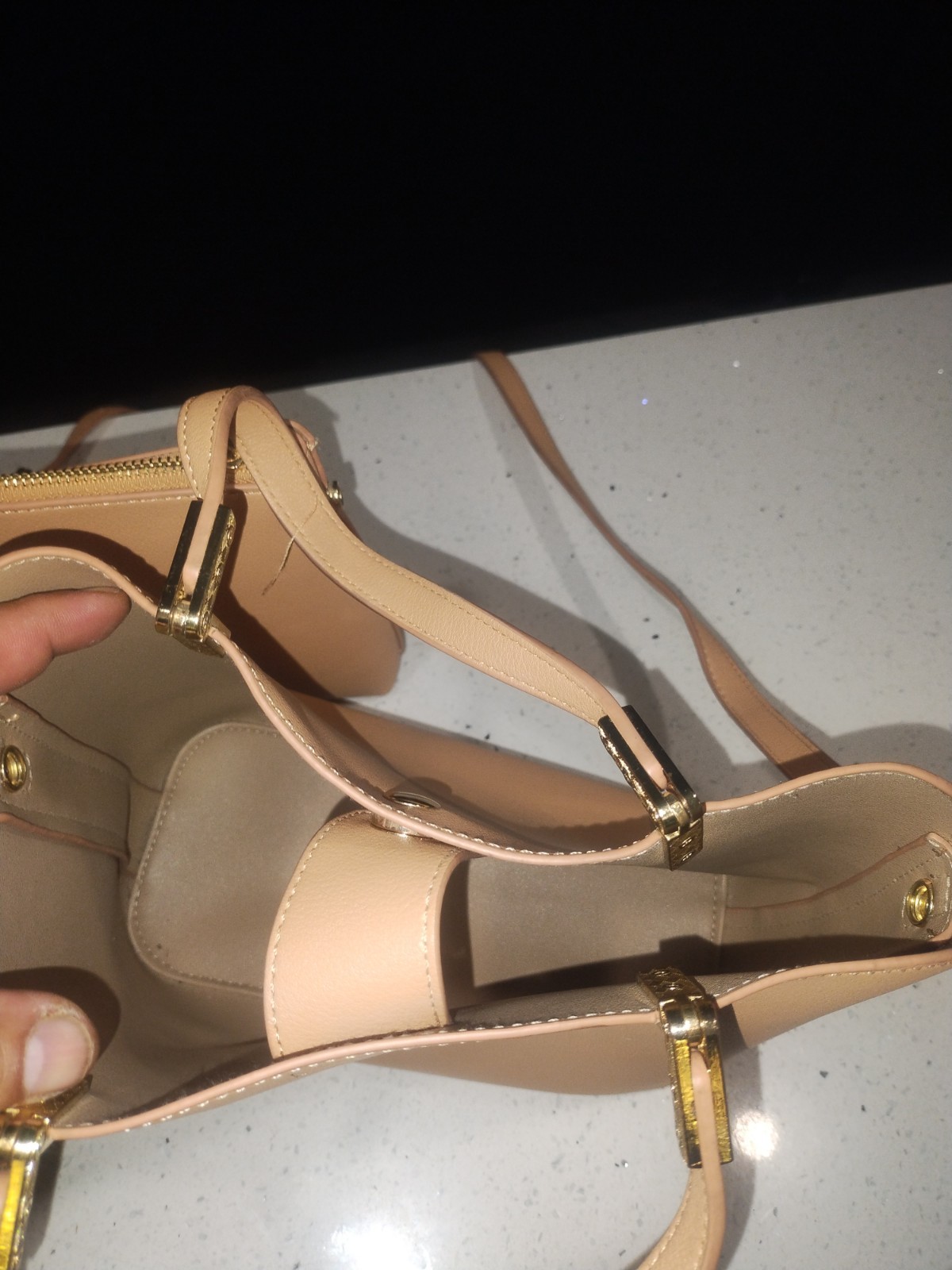 Women’s Beige Satchel Top Handle Bag, Zip/Magnetic, Detachable Strap, Pouch