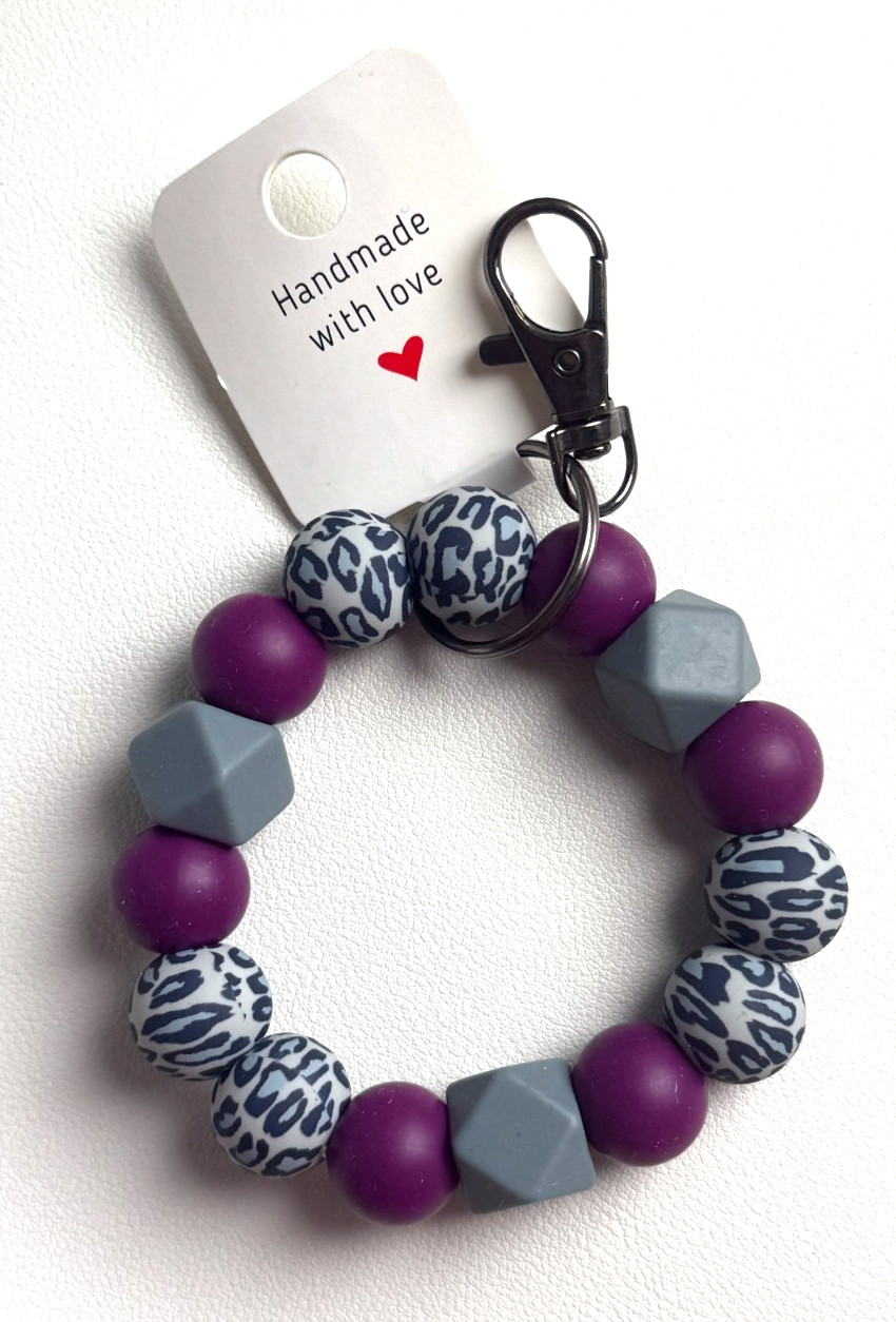 Silicone Beaded Keychain Wristlet Bracelet Purple Leopard