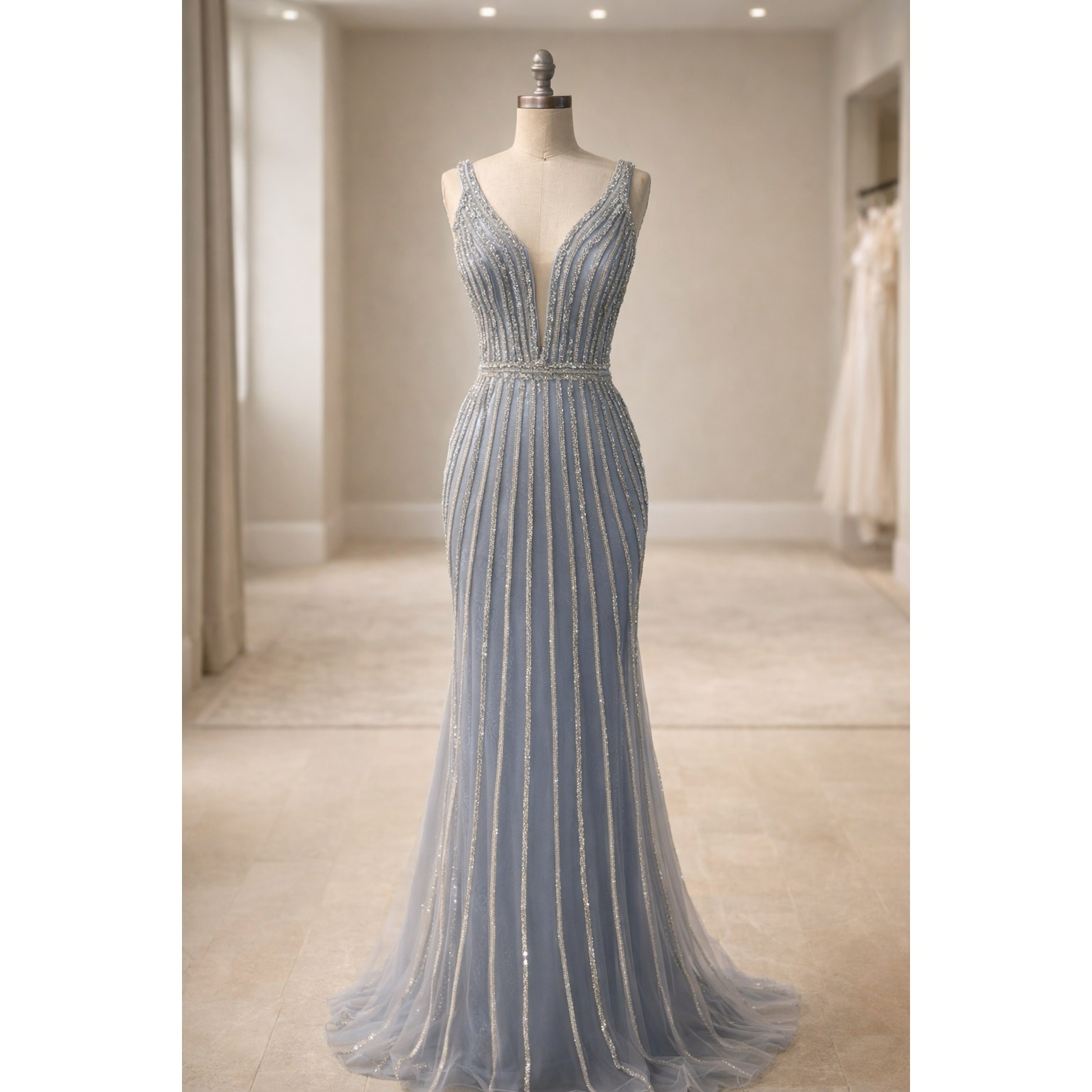 Ladivine by Cinderella Divine Womens Beaded Mermaid Fit & Flare Dress Blue Sz 2