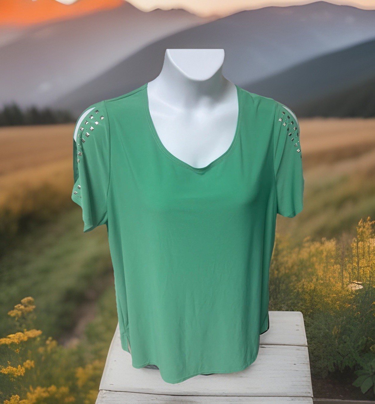 Notations Bright Green Silky Jersey Knit Tunic Top Cold Shoulder Studded Sz 2X