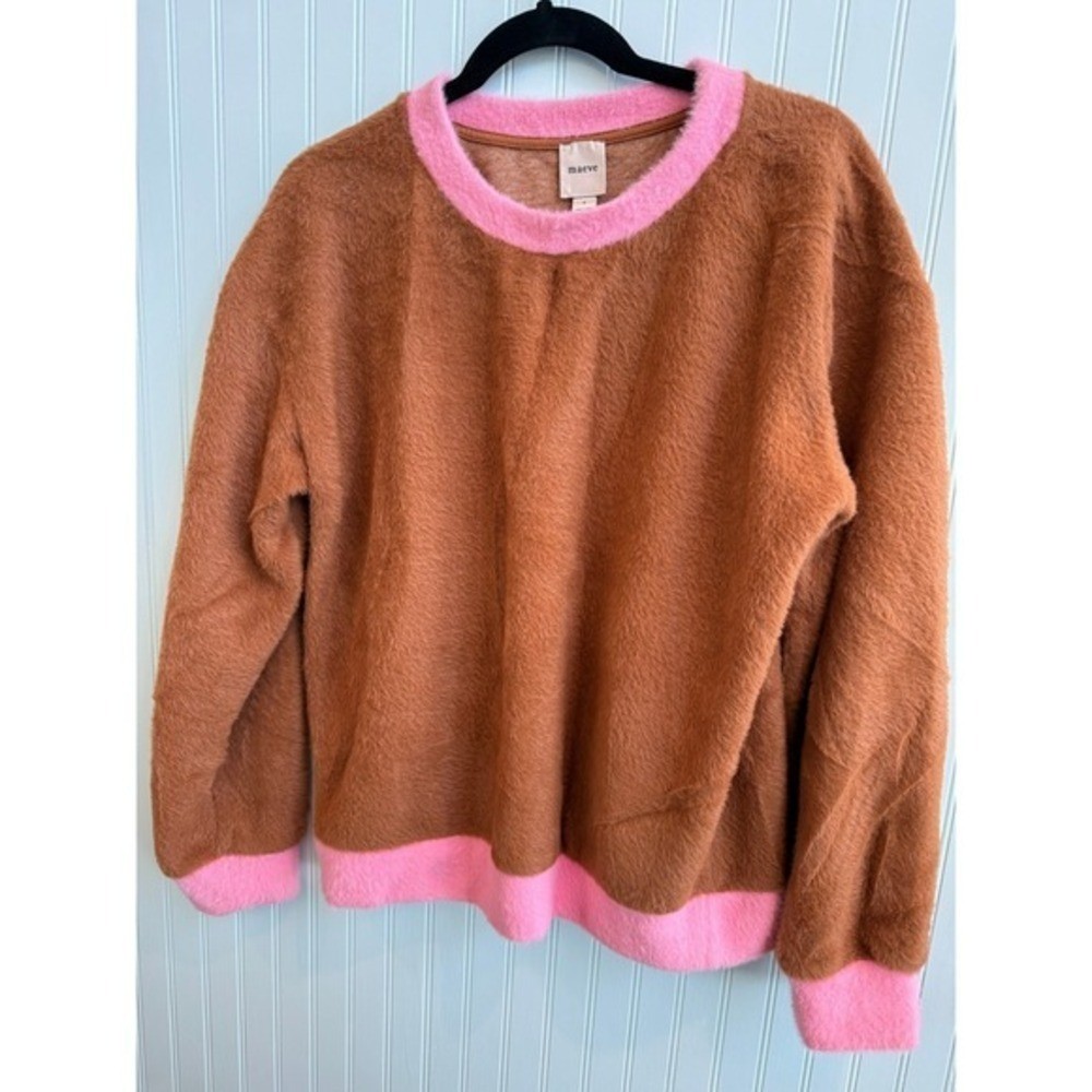 Maeve Anthropologie Brown Pink Eyelash Knit Fuzzy Colorblock Sweater Small NWOT