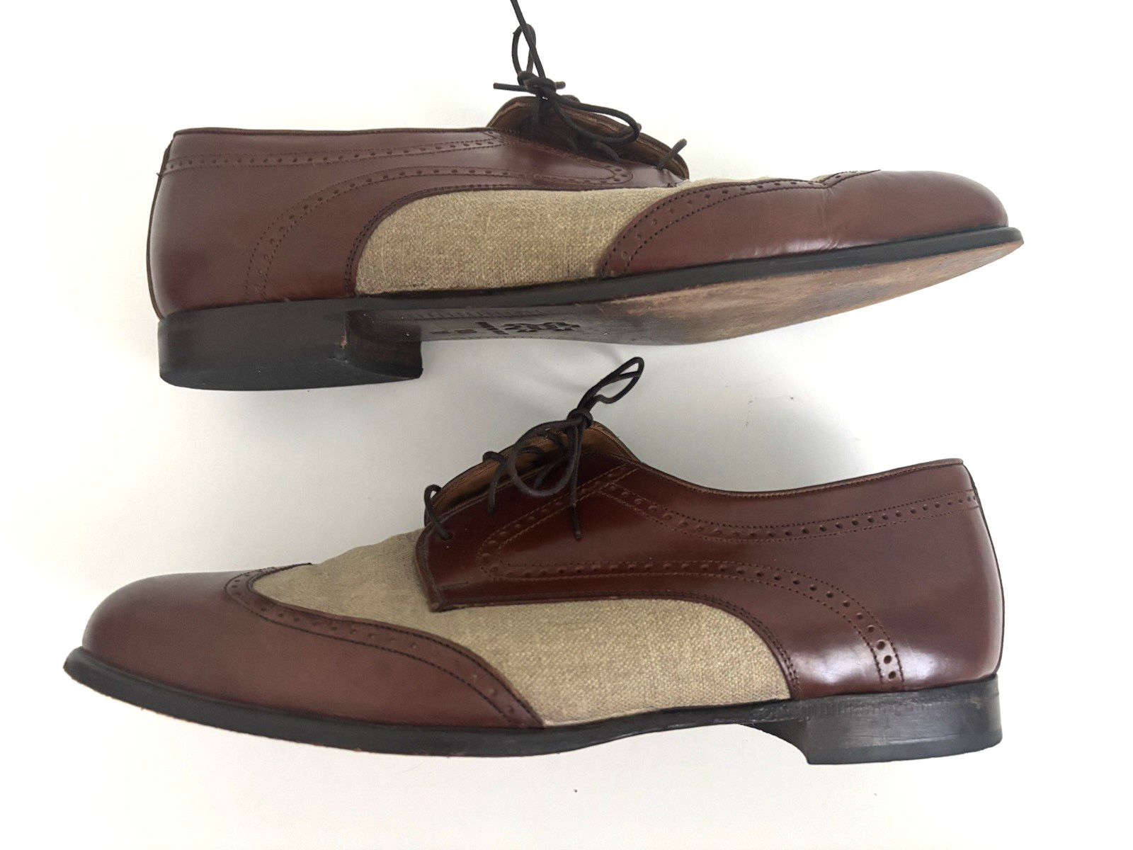 Bostonian Florentine Shoes Size 10 Brown Leather Linen Spectator Wingtip Italy